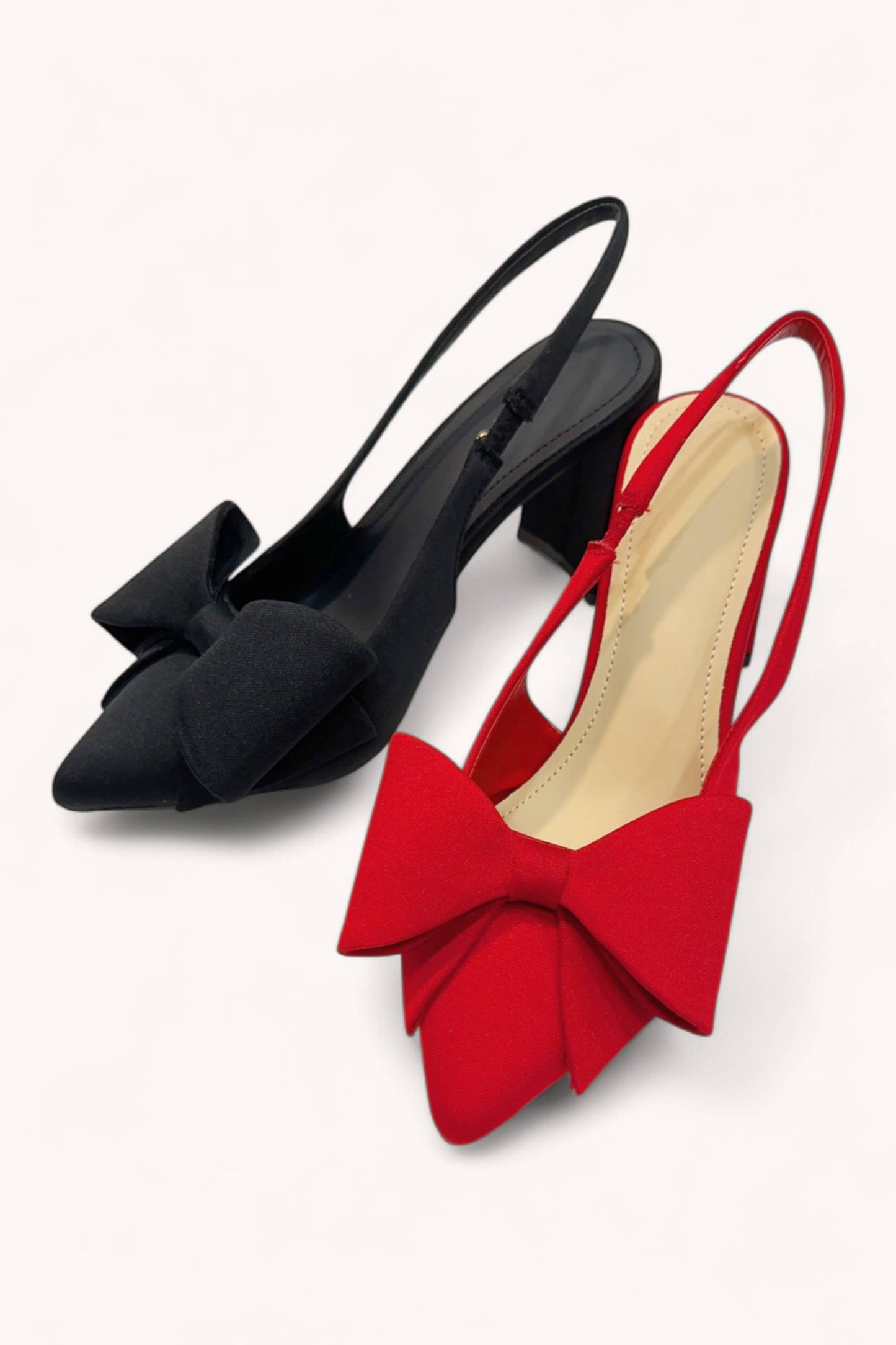 Elegant Bow Slingback Heels – Pointed Toe, Fabric Upper & Block Heel