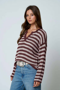 Stripe raw edge split neck sweater