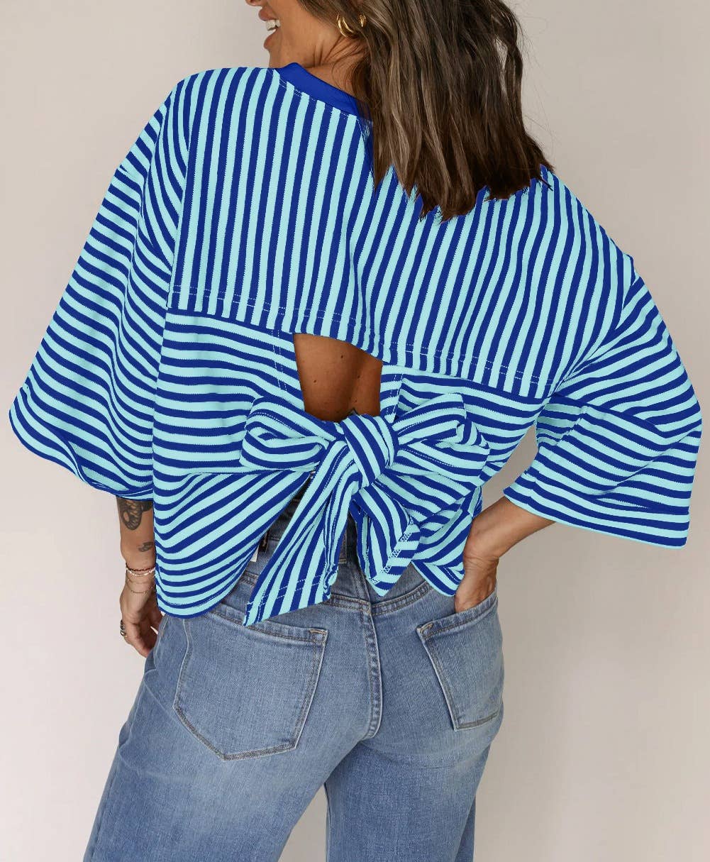 Striped Back Tie Bow Knit Top