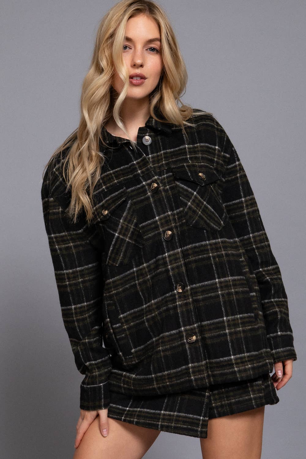 Long Sleeve Inside Faux Fur Brushed Plaid Jacket