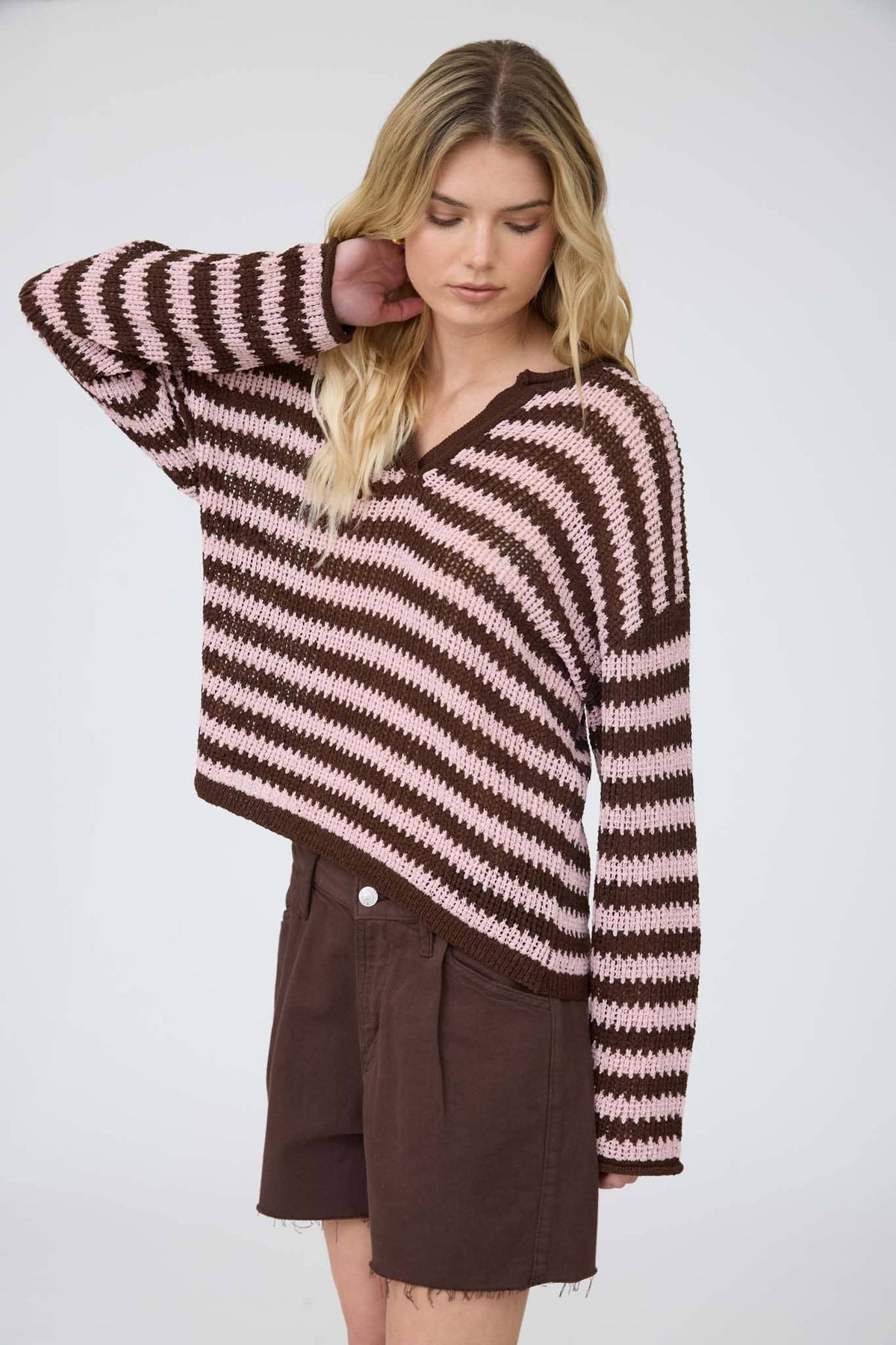 Stripe raw edge split neck sweater