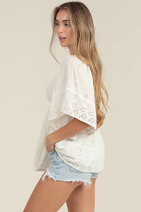 EYELET EMBROIDERED KIMONO SLEEVE SMOCKED BUST TOP