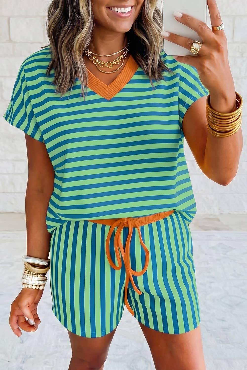 Stripe Short Sleeve V Neck Top Strawing Waist Short Set