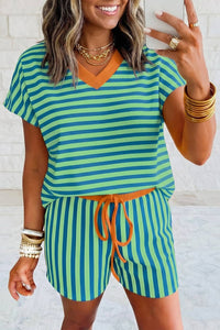 Stripe Short Sleeve V Neck Top Strawing Waist Short Set