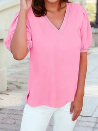 Solid Color V Neck Short Puff Sleeve Blouse