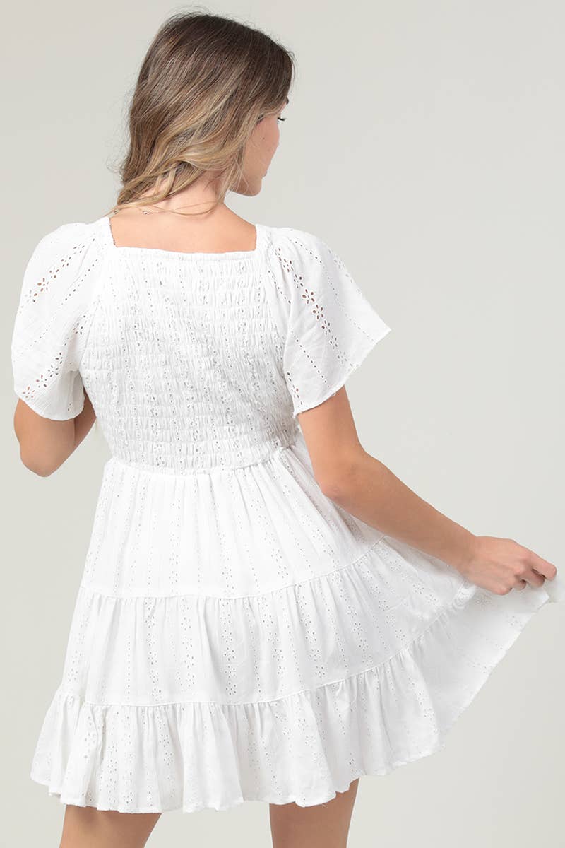 SHORT SLEEVE SMOCKED BODICE DRESS W EMBROIDERY
