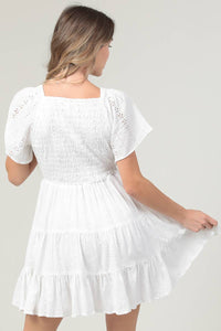 SHORT SLEEVE SMOCKED BODICE DRESS W EMBROIDERY