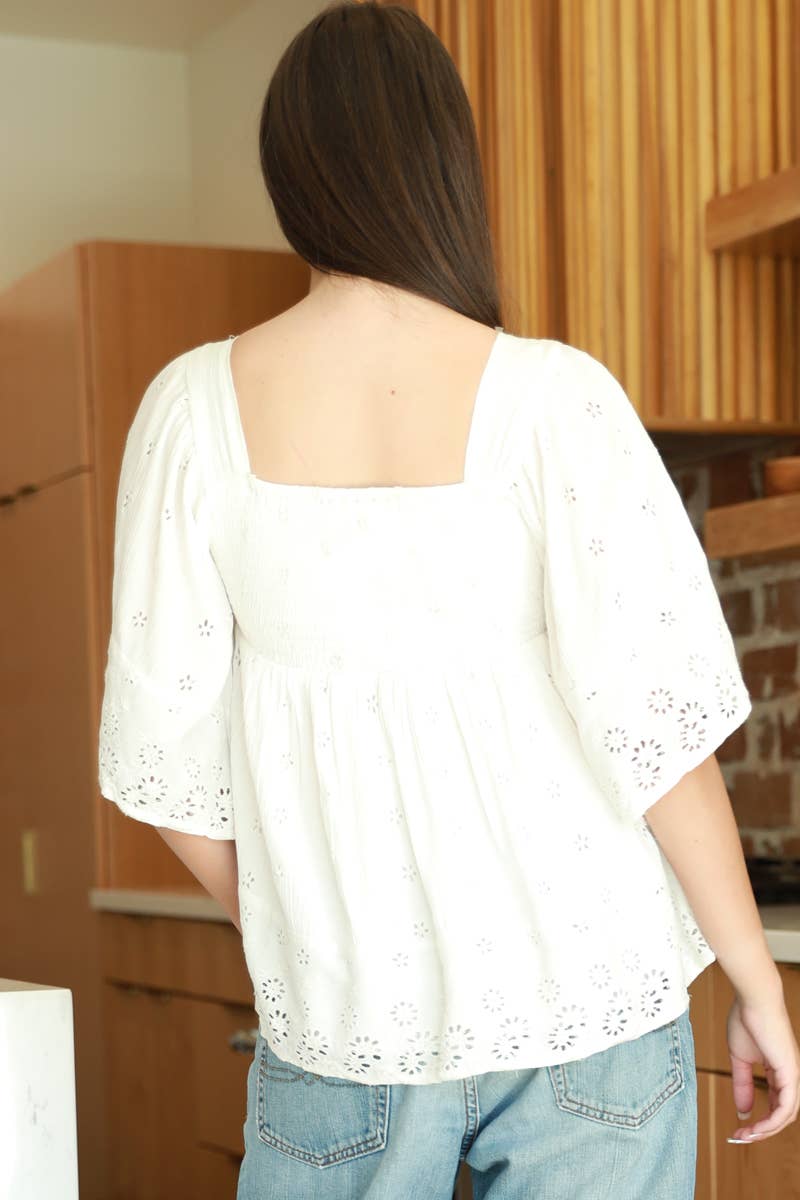 EYELET EMBROIDERED KIMONO SLEEVE SMOCKED BUST TOP