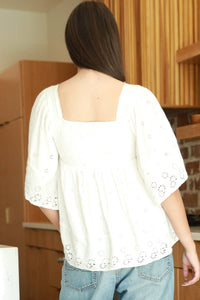 EYELET EMBROIDERED KIMONO SLEEVE SMOCKED BUST TOP
