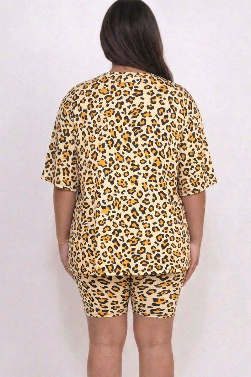 Leopard Print Loose Top & Bike Shorts Set - Plus size