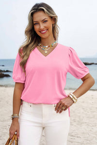 Solid Color V Neck Short Puff Sleeve Blouse