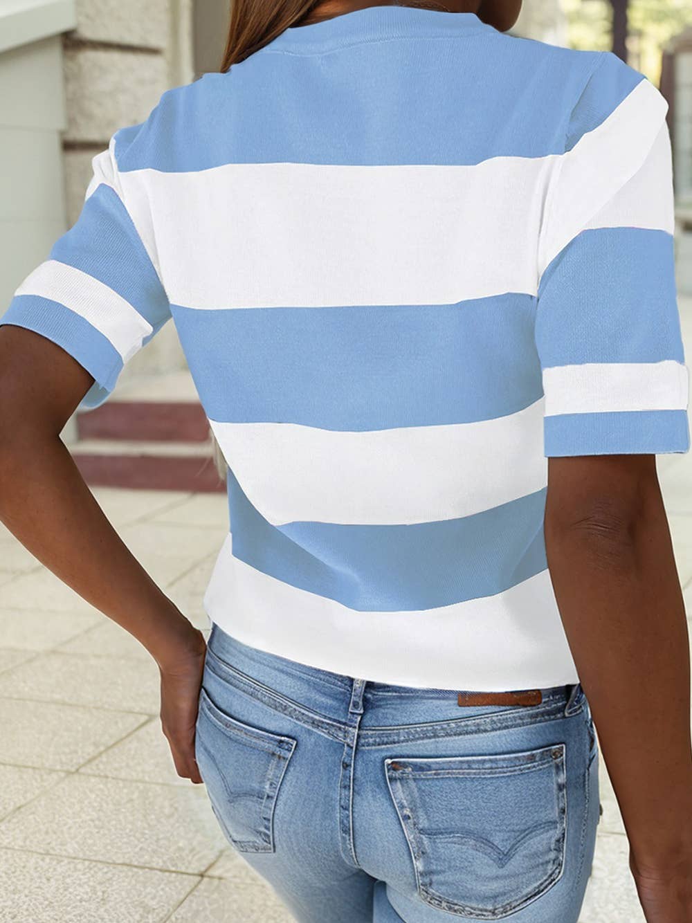 Sky Blue Stripe Colorblock Striped Knitted T-shirt