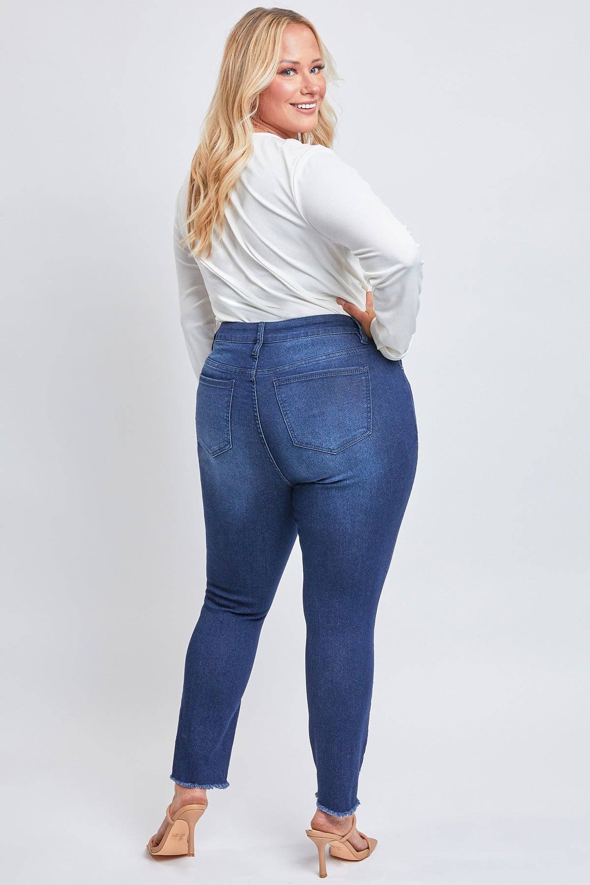 Plus Size Tummy Control Skinny Jeans – Double Slanted Frayed Hem, Distressed, High Rise