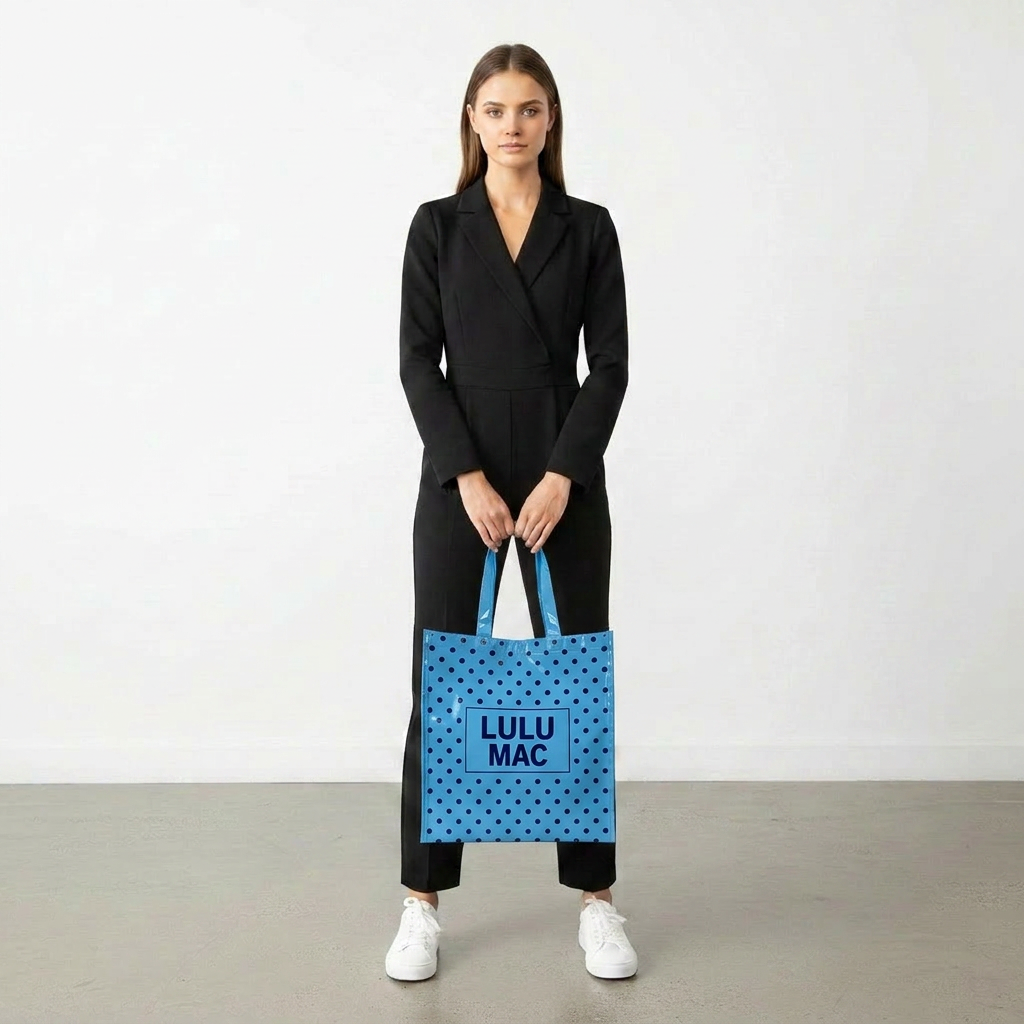 Lulu Mac REUSABLE TOTE-LT BLUE DARK BLUE DOTS
