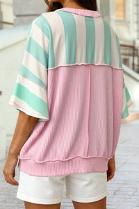 Summer Exposed Seam Ribbed Patchwork Oversized Tee