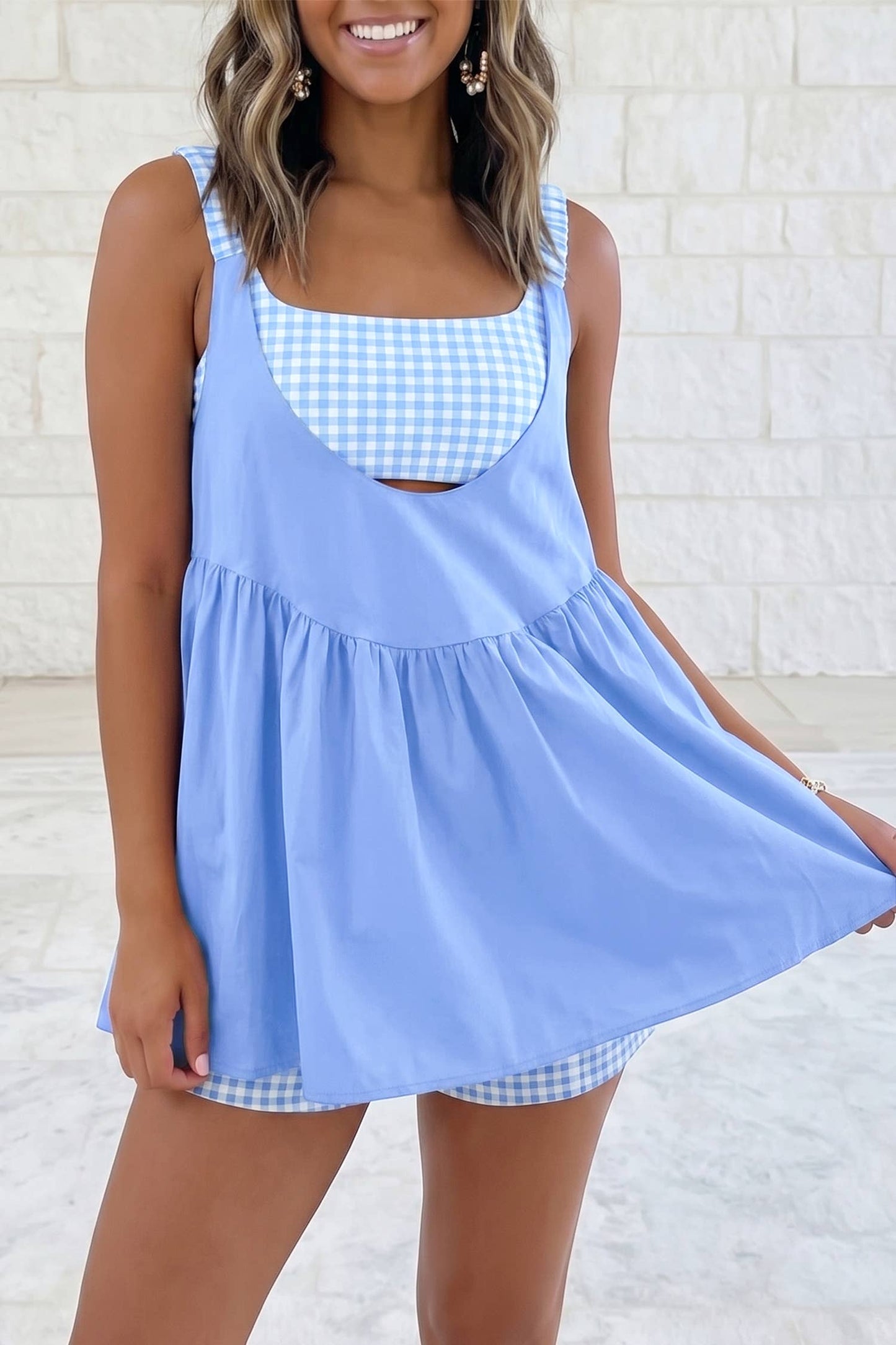 2 Pc Gingham Contrast Patchwork Loose Mini Dress
