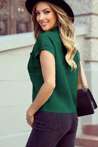 Patch Pocket Ribbed Knit Short Sleeve Sweater