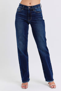 Judy Blue Mid Rise Straight Leg Jeans with Fray Hem