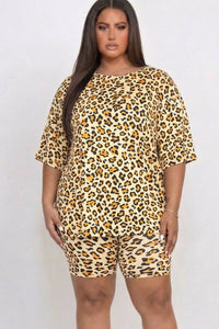 Leopard Print Loose Top & Bike Shorts Set - Plus size