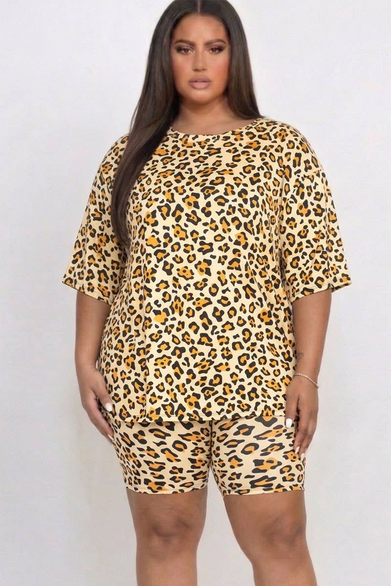 Leopard Print Loose Top & Bike Shorts Set - Plus size