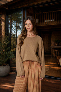 Textured raw edge long sleeve sweater