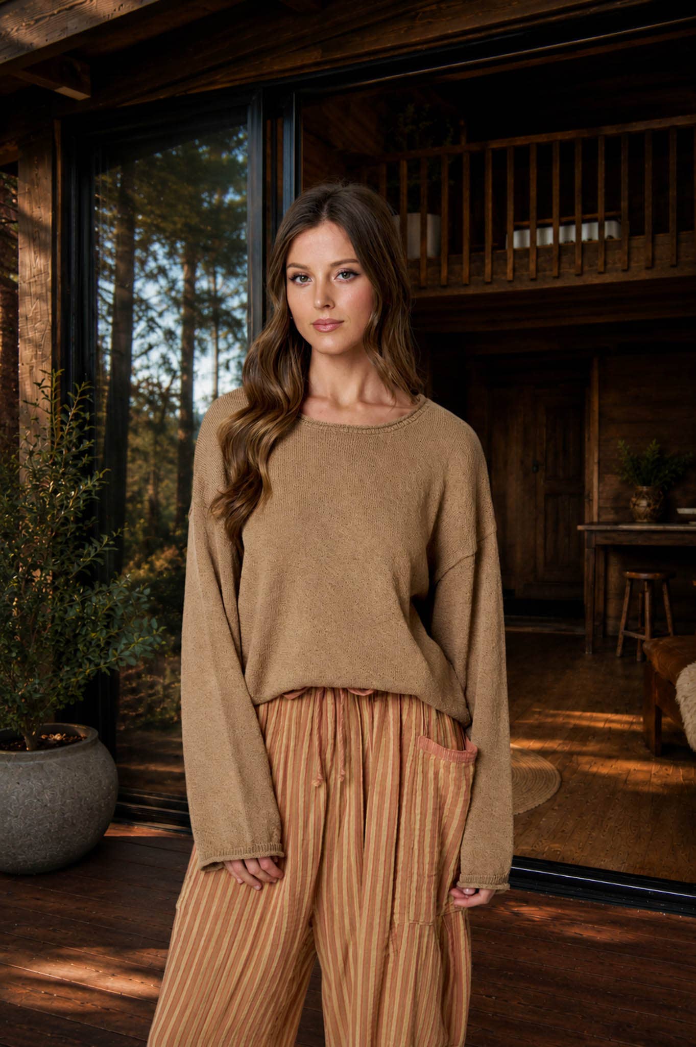 Textured raw edge long sleeve sweater