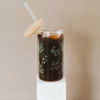 Holiday Greenery Glass Cup – 17oz Christmas Tumbler with Lid & Straw