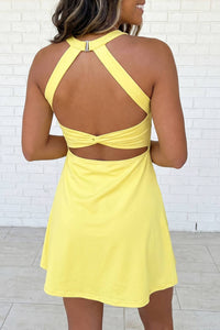 Daring Back Cutout Halter Dress with Pocket Athletic Shorts