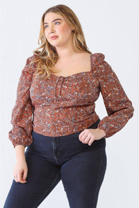 Plus Size Floral Print Square Neck Top – Smocked Back Long Sleeve Blouse