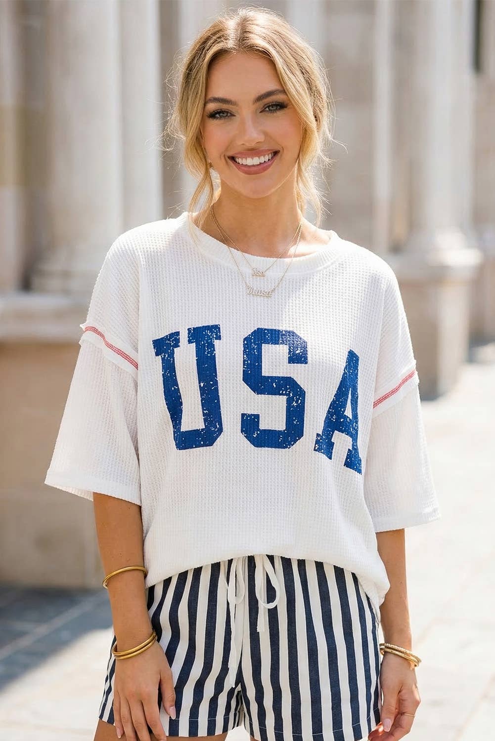 USA Graphic Half Sleeve Loose Ribbed Top