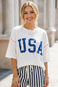 USA Graphic Half Sleeve Loose Ribbed Top