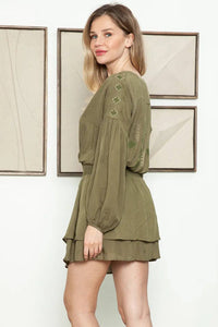 Long Sleeve Embroidered Button Tiered Mini Dress