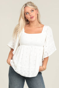 EYELET EMBROIDERED KIMONO SLEEVE SMOCKED BUST TOP