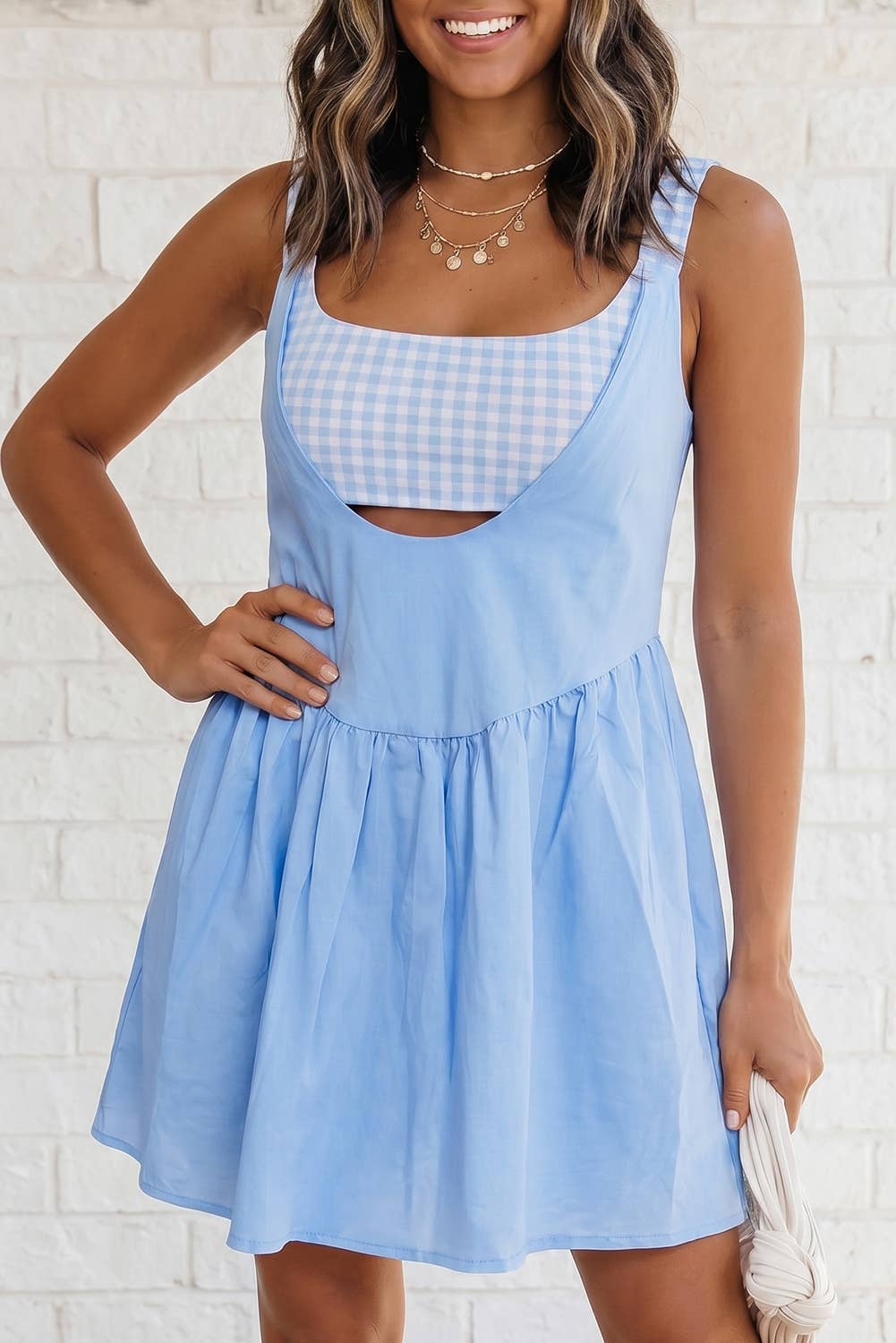 2 Pc Gingham Contrast Patchwork Loose Mini Dress