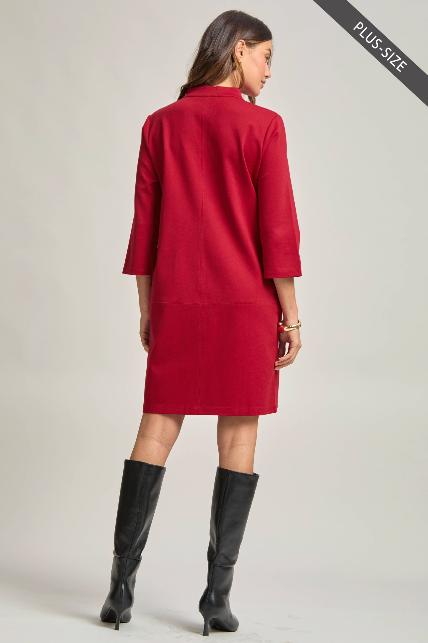 PLUS SIZE Magic Ponte A-Line Dress with Mandarin Collar – Work-Appropriate & Everyday Chic