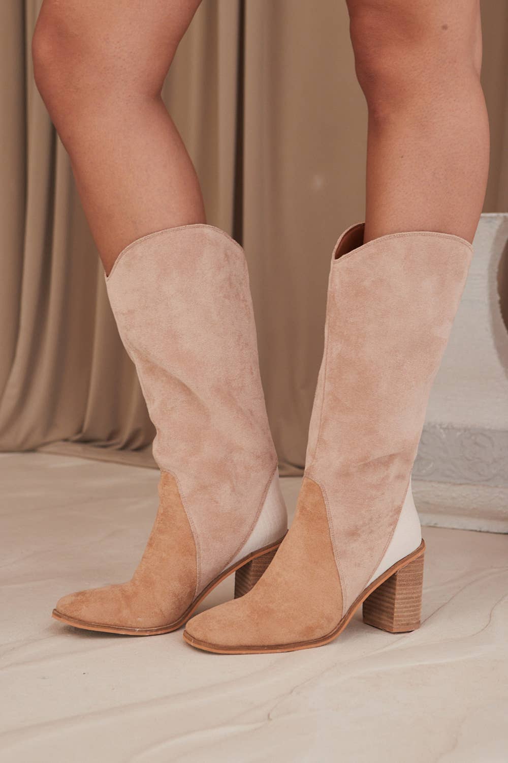 Three-Tone Patchwork Square Toe Boots
