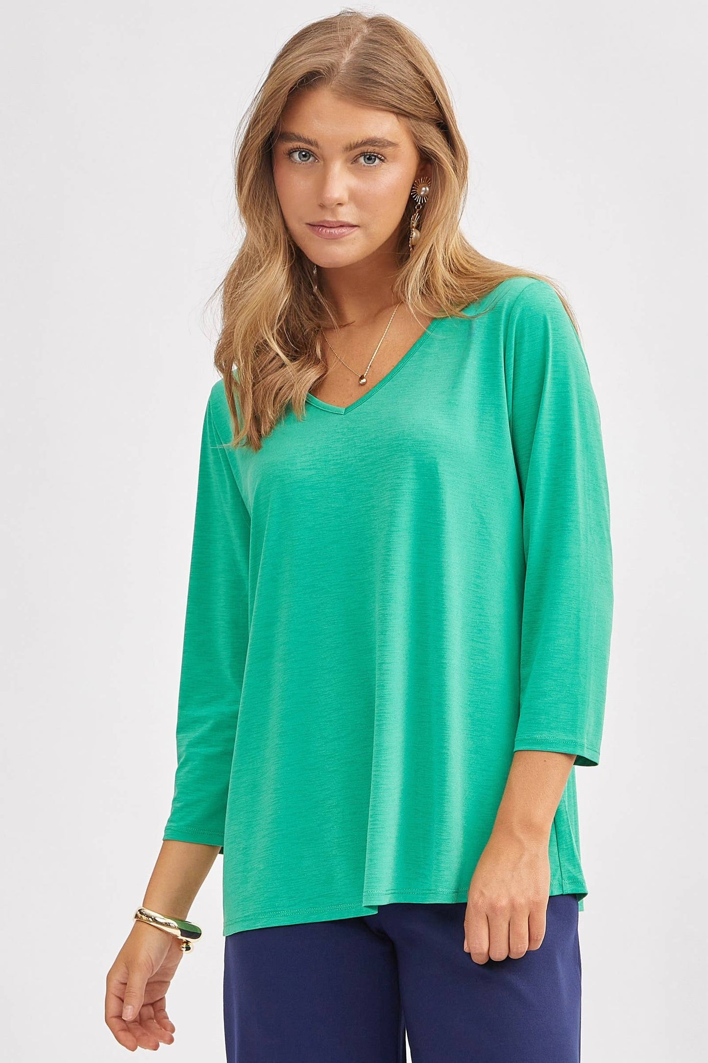 Signature Classic V-Neck Top – Wrinkle-Free 3/4 Sleeve Stretch Blouse