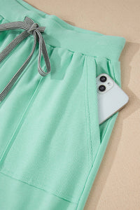 V Neck Tee Texture Patchwork Drawstring Pant Set