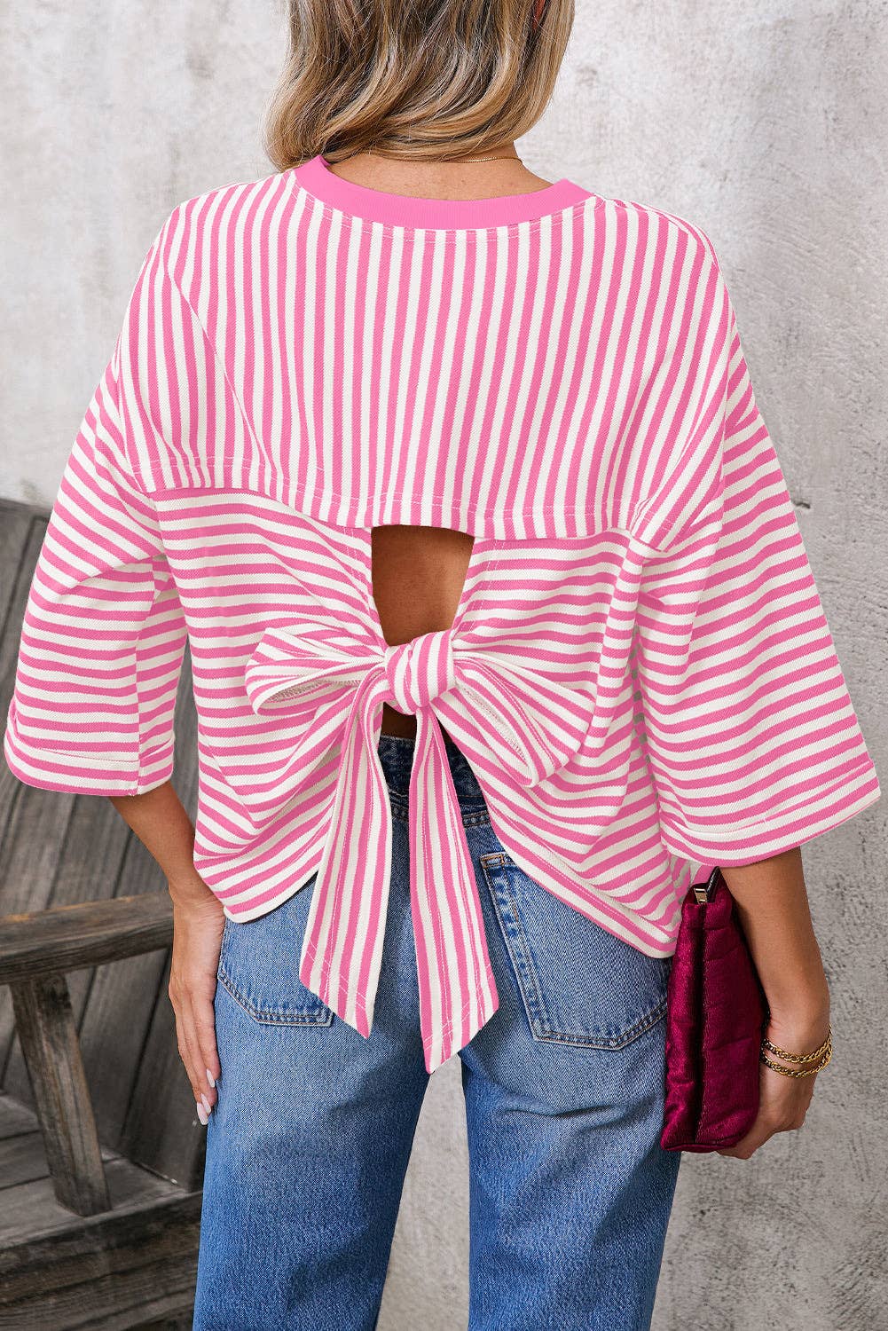 Striped Back Tie Bow Knit Top