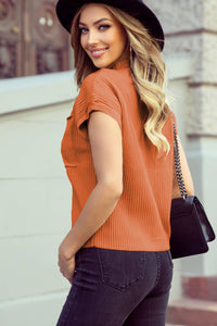 Patch Pocket Ribbed Knit Short Sleeve Sweater