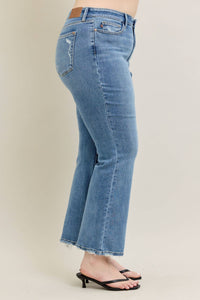Judy Blue Plus Size Mid Rise Vintage Wash Bootcut Jeans with Distressed Hem