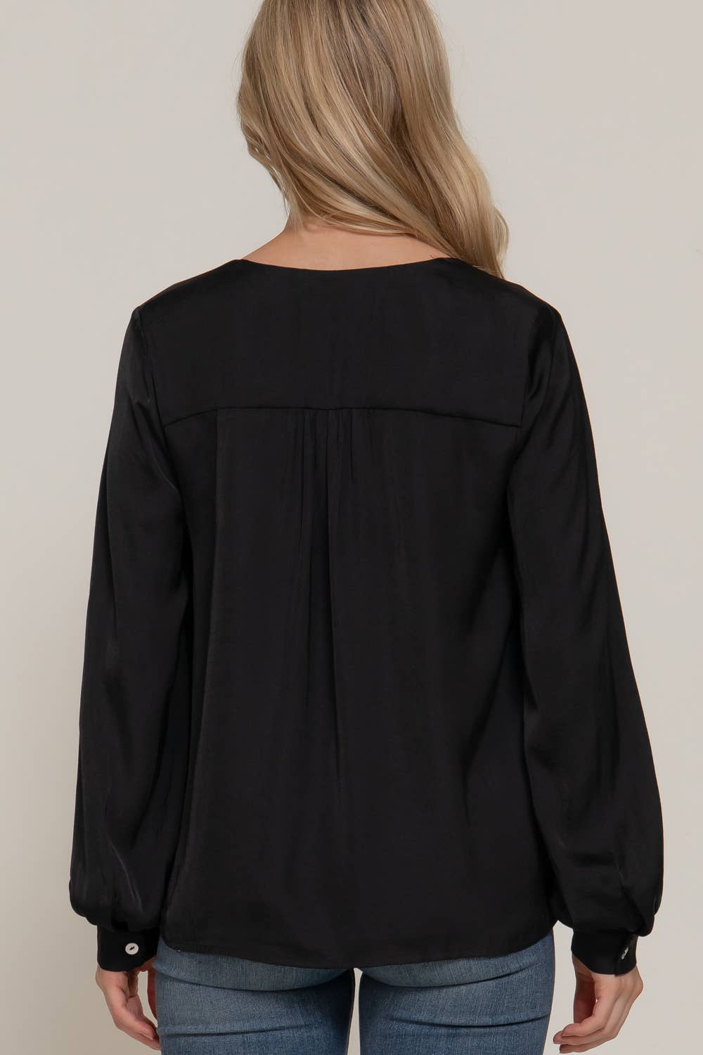 Long Sleeve V-Neck with Pleats Satin Blouse