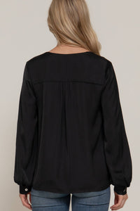 Long Sleeve V-Neck with Pleats Satin Blouse