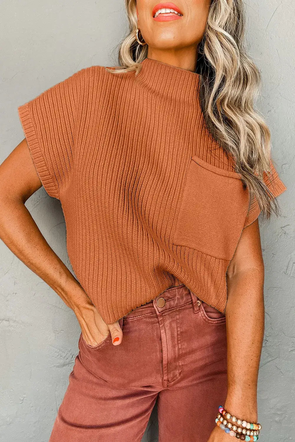 Ribbed Knit Short Sleeve Top with Pocket – Cozy & Stylish Everyday Wear