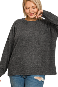 PLUS RIBBED BRUSHED MELANGE HACCI SWEATER WITH A POCKET