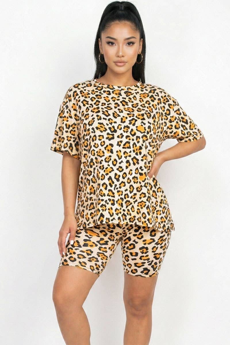 Cheetah Leopard Print Loose Fit Top & Biker Shorts Set
