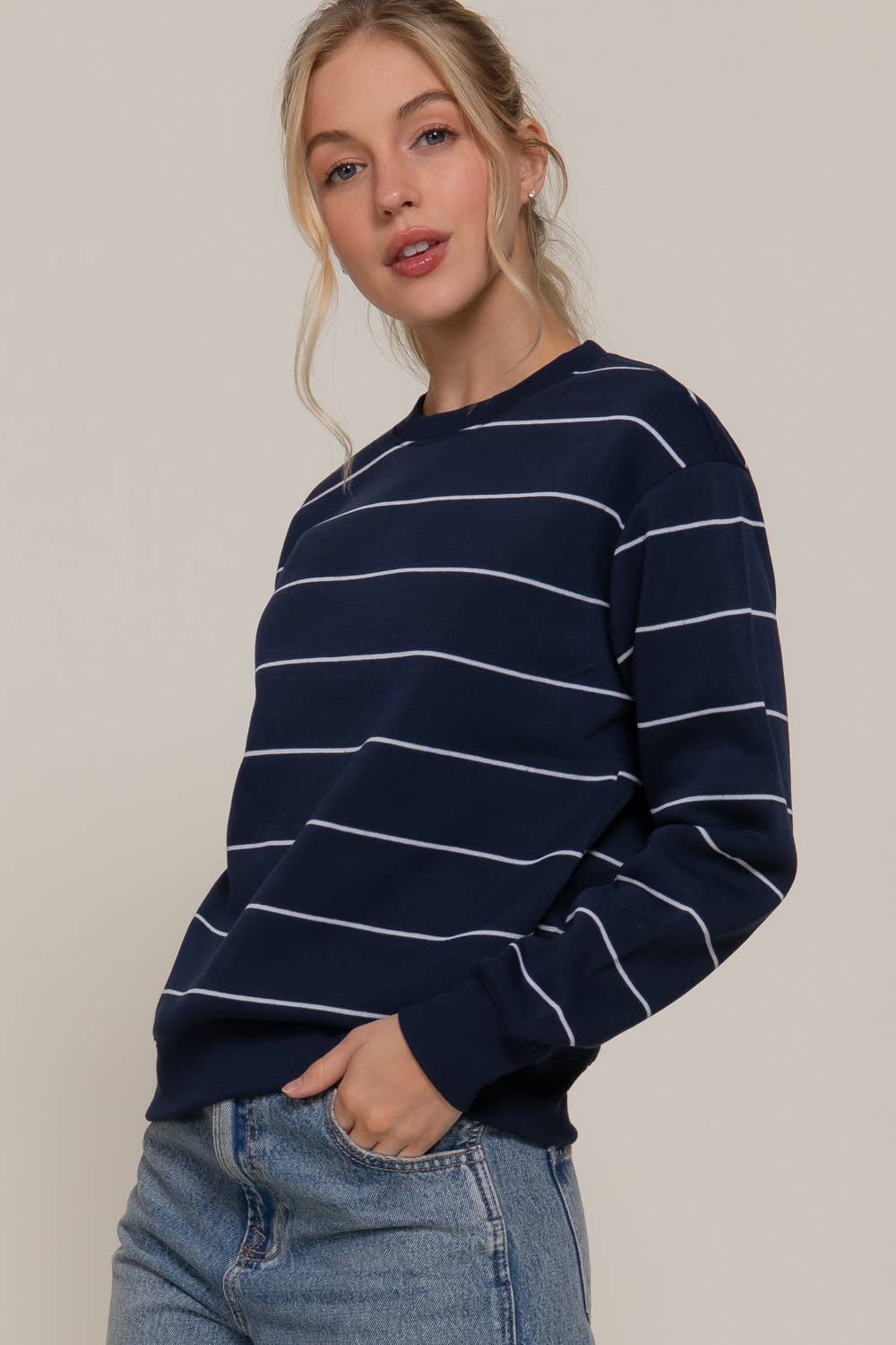 Long Sleeve Engineer Stripe Inner Fleece Sweatshirt