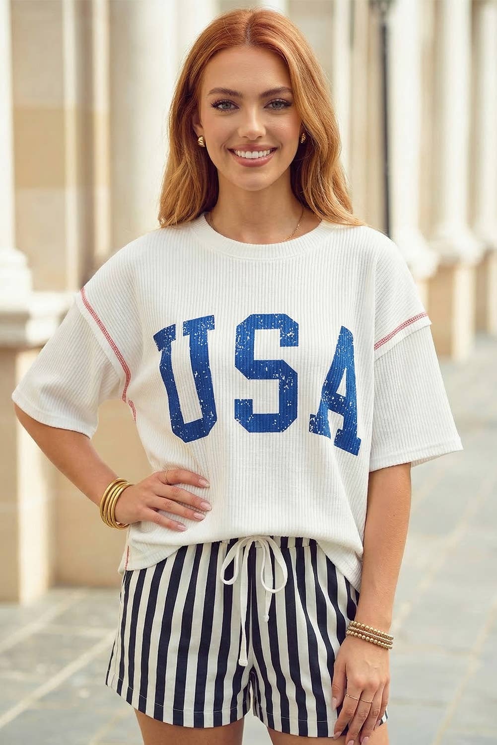 USA Graphic Half Sleeve Loose Ribbed Top