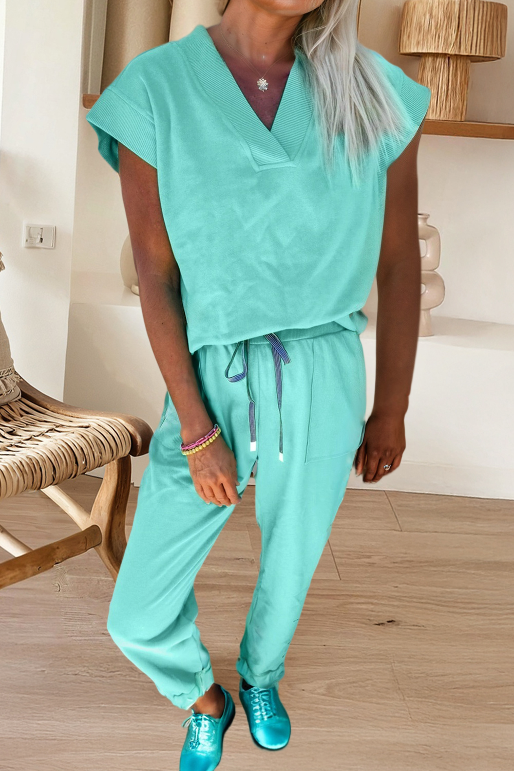 V Neck Tee Texture Patchwork Drawstring Pant Set