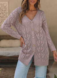Button-Front Knit Cardigan with Openwork Detail